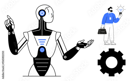 Humanoid robot gesturing alongside a professional holding a light bulb as an idea symbol, gear representing technology. Ideal for AI, innovation, teamwork, business strategy, creativity