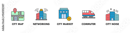 Urban Lifestyle banner web icon illustration concept with icon of city map, networking, city market, commuter, and city noise