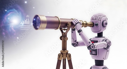 A robot uses a telescope to observe a luminous galaxy in space.