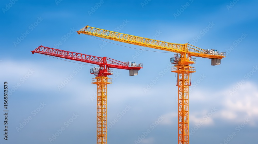 Two Tower Cranes in Bright Colors Under Clear Blue Sky, Symbolizing Construction Progress and Urban Development in Modern Architecture Projects Two Tower Cranes in Bright Colors Under Clear Blue Sky, Symbolizing Construction Progress and Urban Development in Modern Architecture Projects