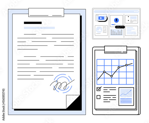 Document with signature, data charts on clipboard, and digital report screens highlighting analytics. Ideal for business management, contracts, analytics, digital tools, productivity, finance