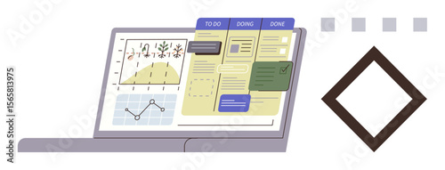Open laptop screen displays workflow board with columns, graphs, and notes for task progress. Ideal for productivity, organization, management, collaboration, analytics, workflow simple flat