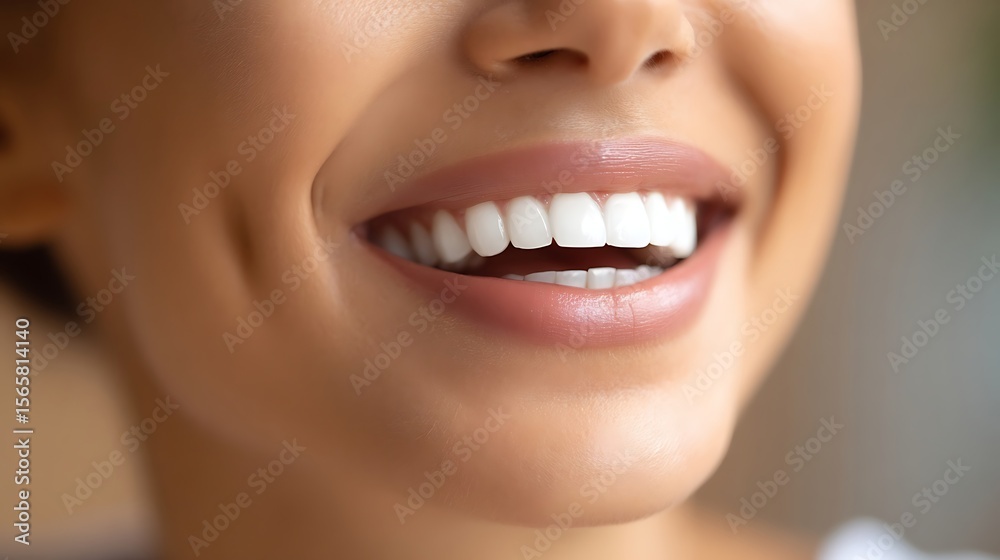 Obraz premium Close-up of a bright, healthy smile with white teeth and pink lips. Highlighting Aesthetic Medicine, Orthodontics, and Cosmetic Dentistry for Dental Clinics and Oral Health Product Marketing.
