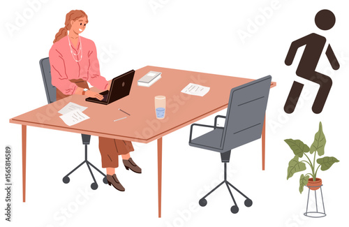 Woman typing on laptop at desk with office papers, empty seat and glass. Running figure suggests urgency. Indoor plant adds decor. Ideal for work-life balance, productivity, urgency, focus