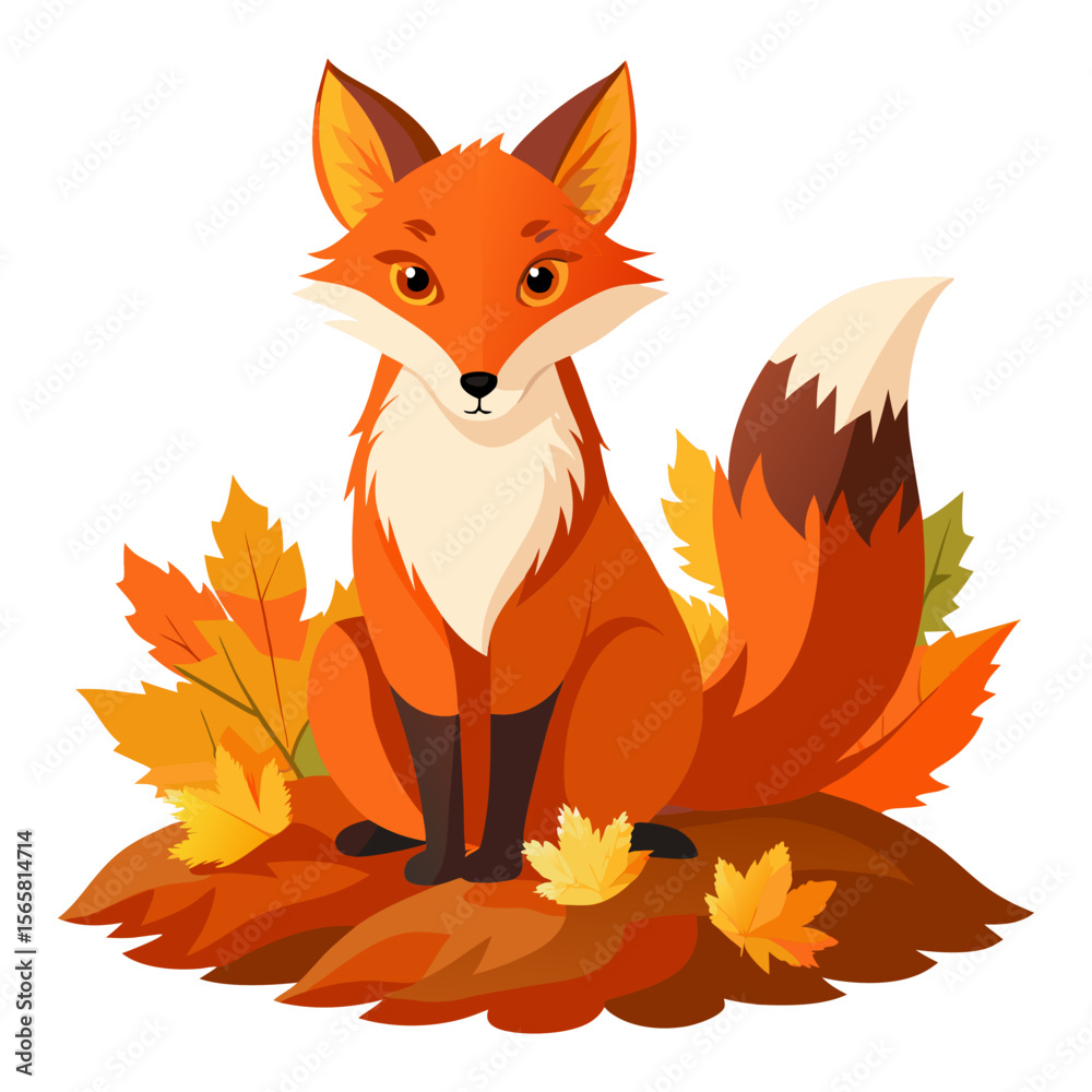 Obraz premium A charming illustration of a red fox sitting gracefully amidst a pile of vibrant autumn leaves, embodying the spirit of fall.