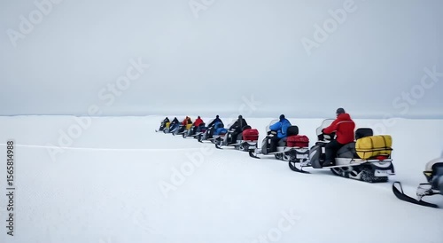 Snowmobiles on a vast expanse of snow