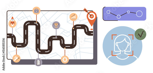 Roadmap with milestones, targets, and icons for progress tracking, face recognition for identity verification, and analytics chart showcasing growth. Ideal for strategy, technology, progress