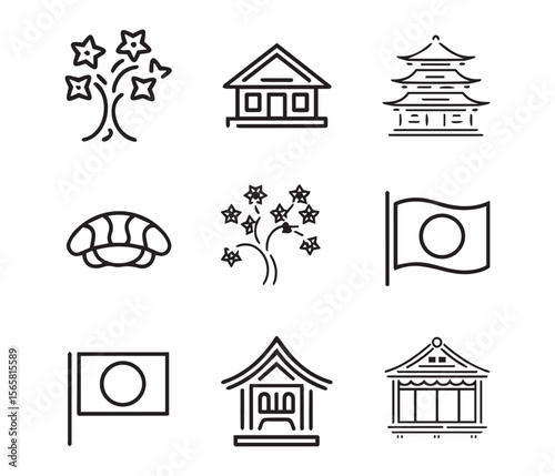 Japanese Culture Icon Set – Vector Line Art of Sushi, Sumo, Geisha, Pagoda, and National Symbols