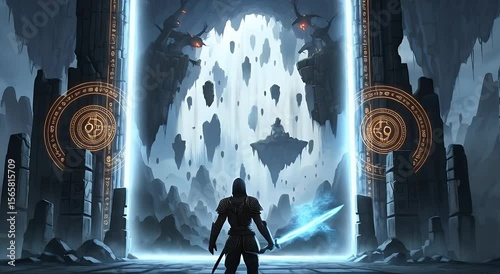 Fantasy portal in a mystical cavern.