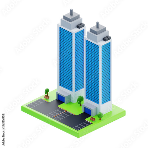 Isometric tall skyscraper towers view. 3d illustration of tall skyscraper towers