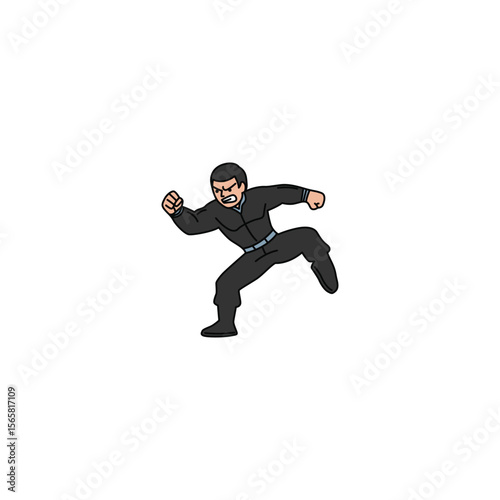 An icon of a man in a black uniform, executing a dynamic kick with one leg raised high and body in motion.