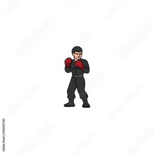 An icon of a man in a black uniform with red boxing gloves, preparing to deliver a punch with focused intent.