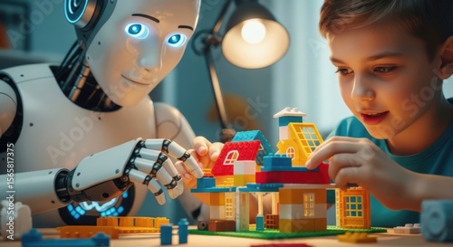 Digital Harmony: An AI companion and a young child building together, creating a future vision of learning, innovation, and friendship, focusing on the seamless blend of technology and childhood.