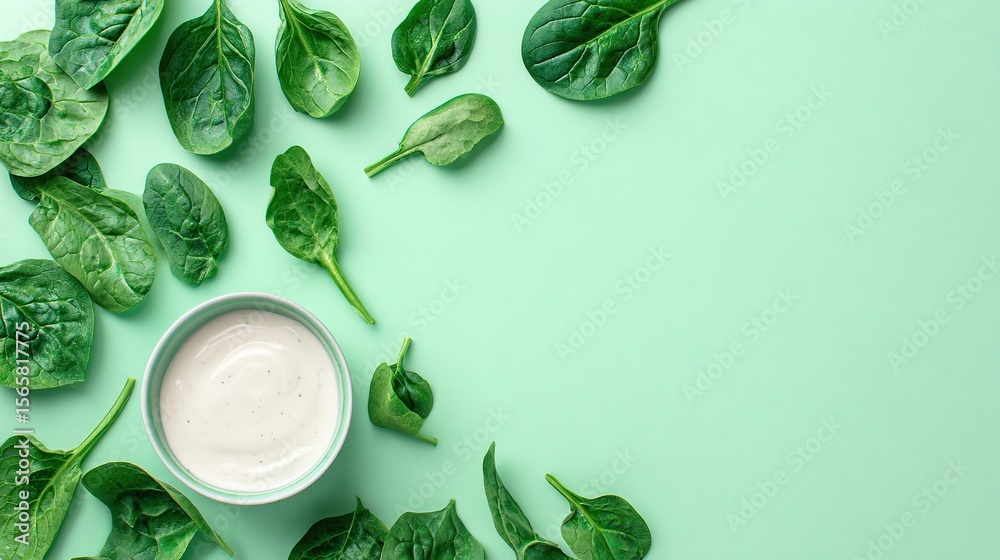 Obraz premium Fresh green spinach leaves and a bowl of ranch sauce, pastel backgrounds, colorful backgrounds and copy space, perfect for menu design or advertising.