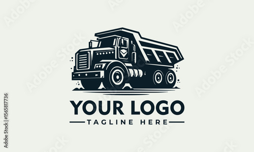 A stylized black and white illustration of a heavy-duty dump truck, ready for logo placement.