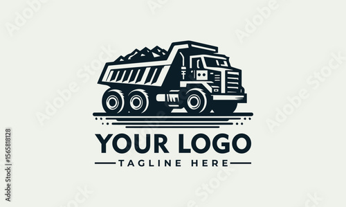 A stylized dump truck logo filled with material, above horizontal lines and customizable text.