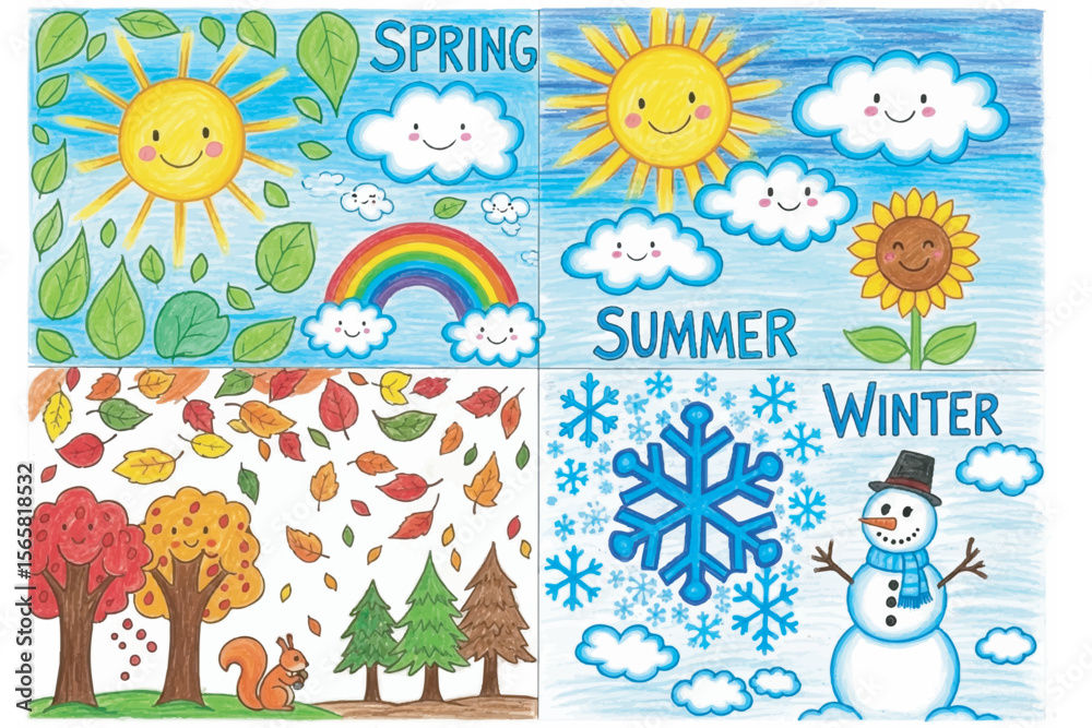 Obraz premium Adorable Cartoon Illustrations of the Four Seasons Spring, Summer, Autumn, and Winter