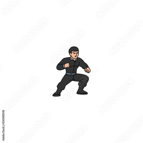 An icon of a man in a black uniform, in a slightly crouched ready stance, indicating preparedness and controlled aggression.