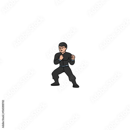 An icon of a man in a black uniform, in a defensive pose with arms guarding the body, ready to deflect attacks.