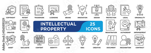 INTELLECTUAL PROPERTY icon collection set. Containing copyright,patent,trademark,licensing,brand,innovation,design,protection,legal,originality icon. Simple line vector.	

