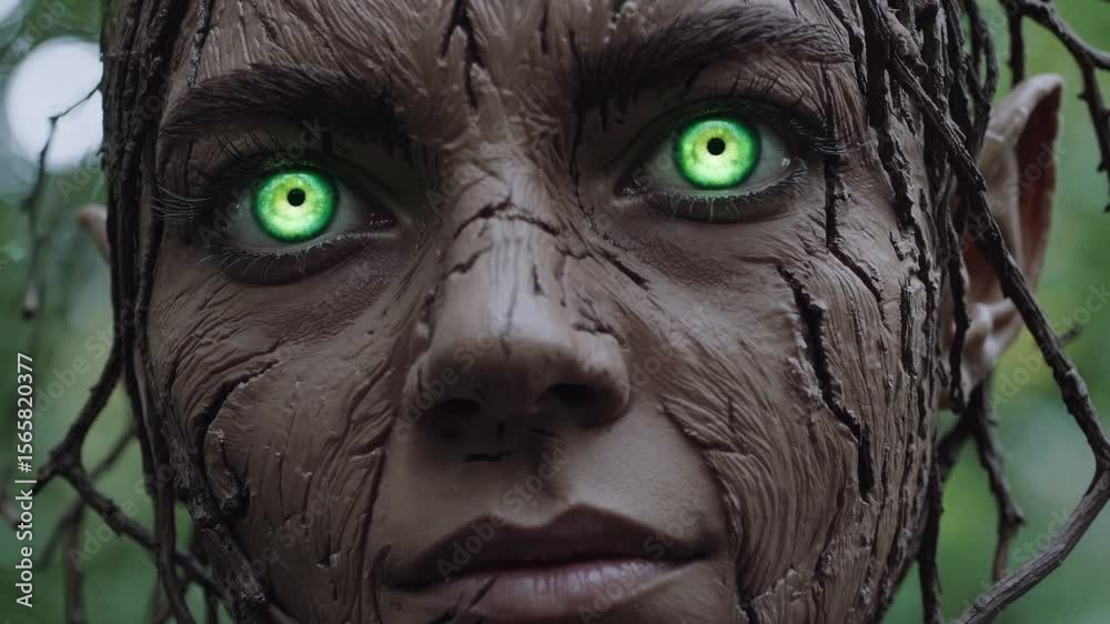 Femme-arbre aux yeux verts lumineux dans une forêt