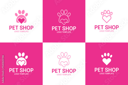 Set collection of pet shop logo template with heart paw vector illustration