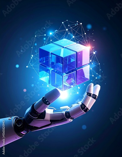 AI and Data Cube in a Robotic Hand Futuristic Technology Concept