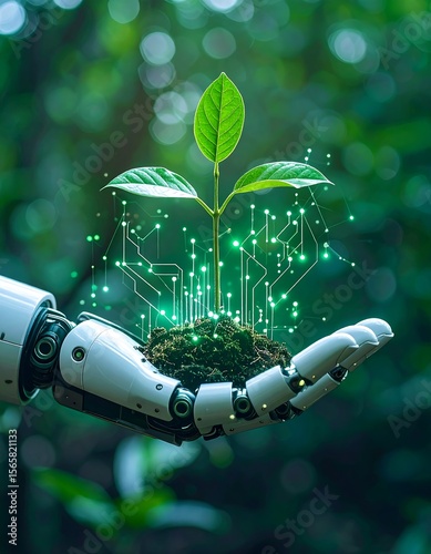 Robot hand holding a growing plant with digital circuits
