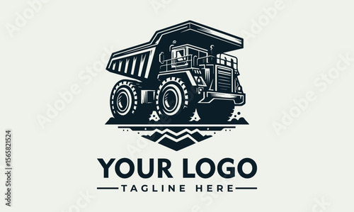 Illustration of a large mining dump truck with mountains in the background.