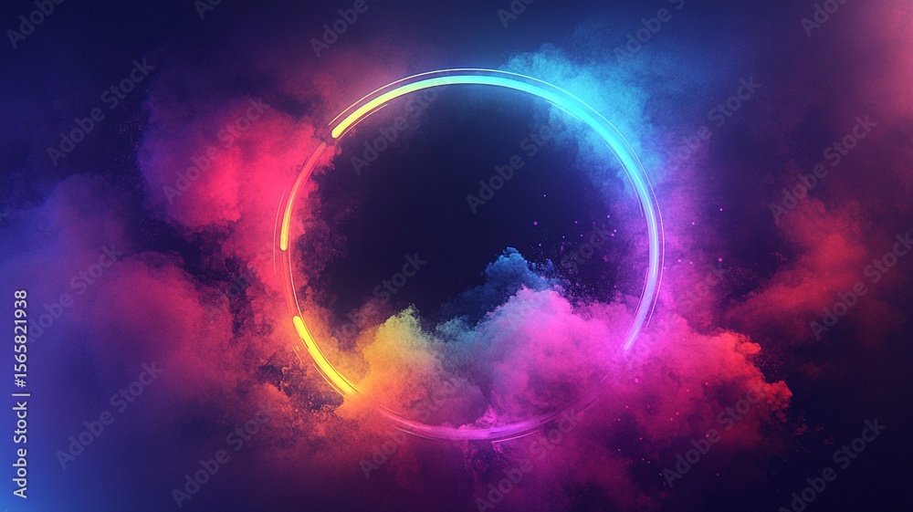 Obraz premium Colorful Neon Circle with Smoke Background Futuristic Light Effect for Poster Banner Digital Art Template