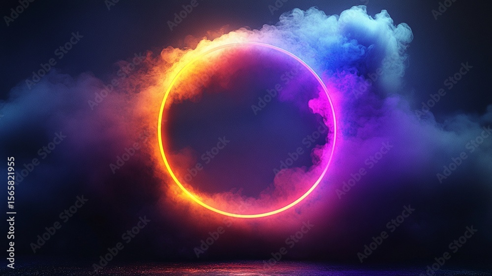Naklejka premium Colorful Neon Circle with Smoke Background Futuristic Light Effect for Poster Banner Digital Art Template