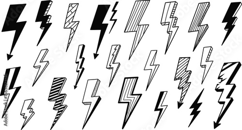 Collection of hand drawn lightning bolt icons with various styles and shading