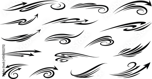 Collection of stylized black tribal arrow designs and swooshes on white background