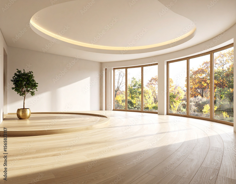 Obraz premium A bright, modern interior space with white walls, light wooden floors, and a curved raised platform. Panoramic windows offer views of autumnal trees, and a small potted plant adds a touch of nature. I