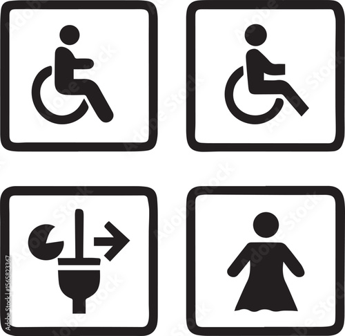 A set of disabled person icons and vector symbols, including wheelchair and handicap signs, for parking, toilet, and accessibility illustrations