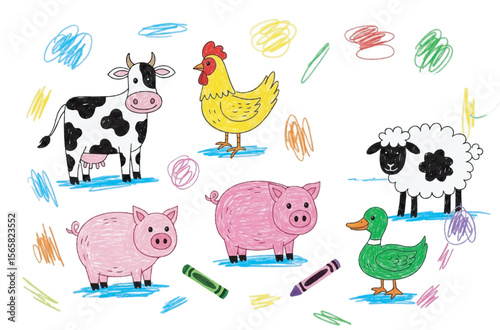 Adorable Farm Animals Crayon Drawing Cow, Pig, Chicken, Sheep, Duck