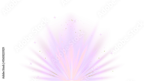 Soft pastel purple light rays with subtle glitter on transparent background, ethereal radiating glow.