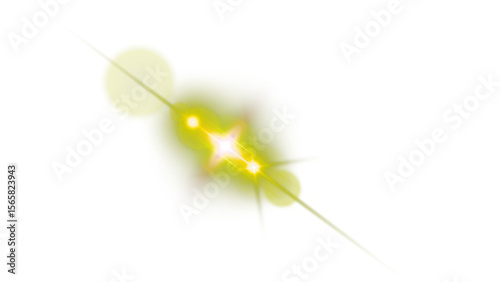 Yellow diagonal lens flare with bright starburst on transparent background, optical light effect.