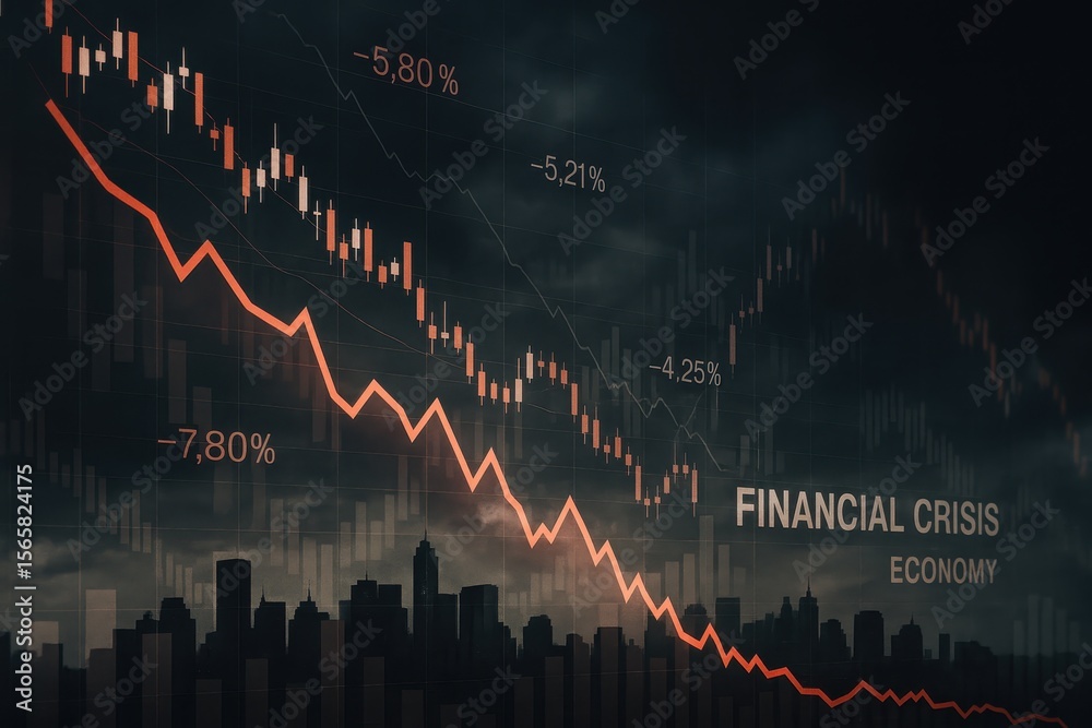 Obraz premium Economic downturn visualization with declining digital charts overlaid on dystopian cityscape background