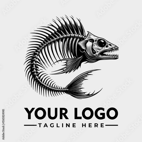 Detailed illustration of a fish skeleton with a stylized design, perfect for a logo.