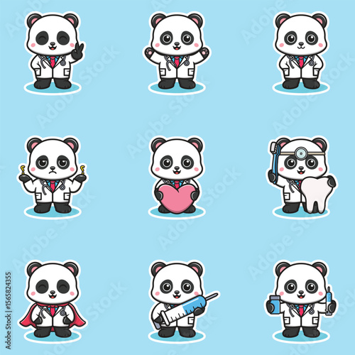 Nine panda doctors each in a different pose wear white coats against a light blue backdrop