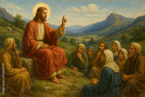 Biblical scene of Jesus teaching parables to gathered disciples on mountainside with natural landscape backdrop