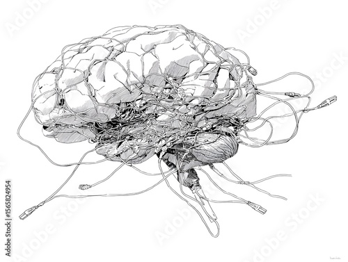 Wired Brain: A detailed illustration depicting a human brain intricately interwoven with numerous cables, symbolizing the complexities of neural networks and technological connections. 