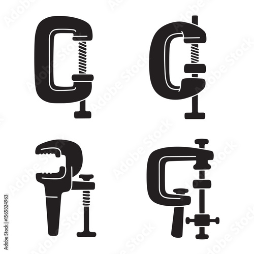 Black and white clamp tools vector illustrations for woodworking and construction projects ready for use.
