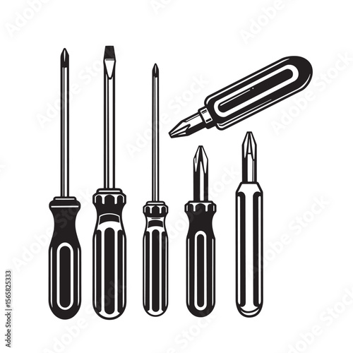 Black and white illustration of a screwdriver set with minimalist ornamental design