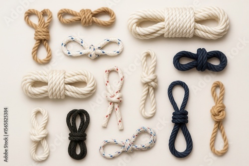 Nautical rope collection with various knot types and maritime cordage on isolated white background
