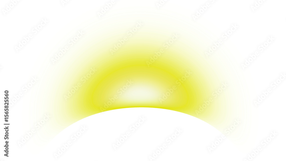 Yellow glowing sun or light source rising above horizon on transparent background, soft radiant glow.