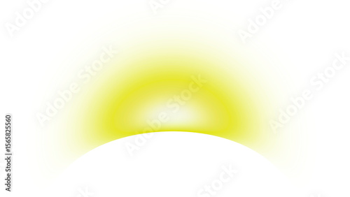 Yellow glowing sun or light source rising above horizon on transparent background, soft radiant glow.