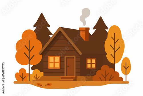 Autumn cabin in woods flat style cozy home