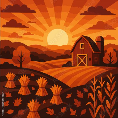 Autumn farm landscape with barn and harvested crops